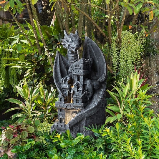 Glitzhome® 36.5" 4-Tier Gothic Dragon Sculptural Outdoor Fountain with LED Light